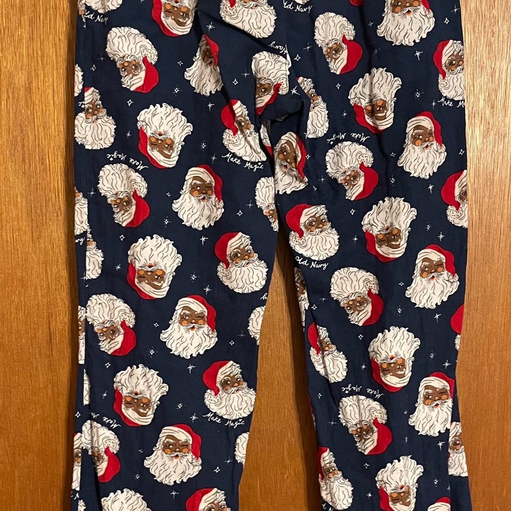 Old Navy Blue and White Pajama Bottoms with Festive Santa Design